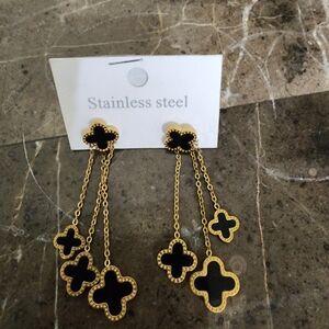 Gold and Black Stainless Steel Clover Dangle Earrings